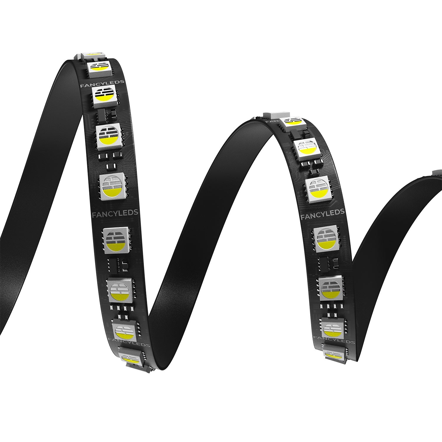 Coiled spiral of the 96 LEDs per meter RGBW LED strip with black PCB