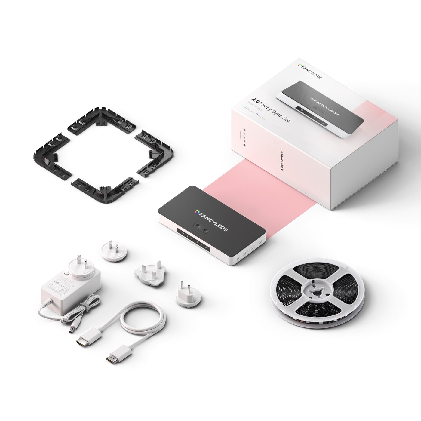 Everything included in the 2.0 Fancy Sync Box kit: sync box, RGB LED strip, HDMI cable, corner brackets and universal power adaptor