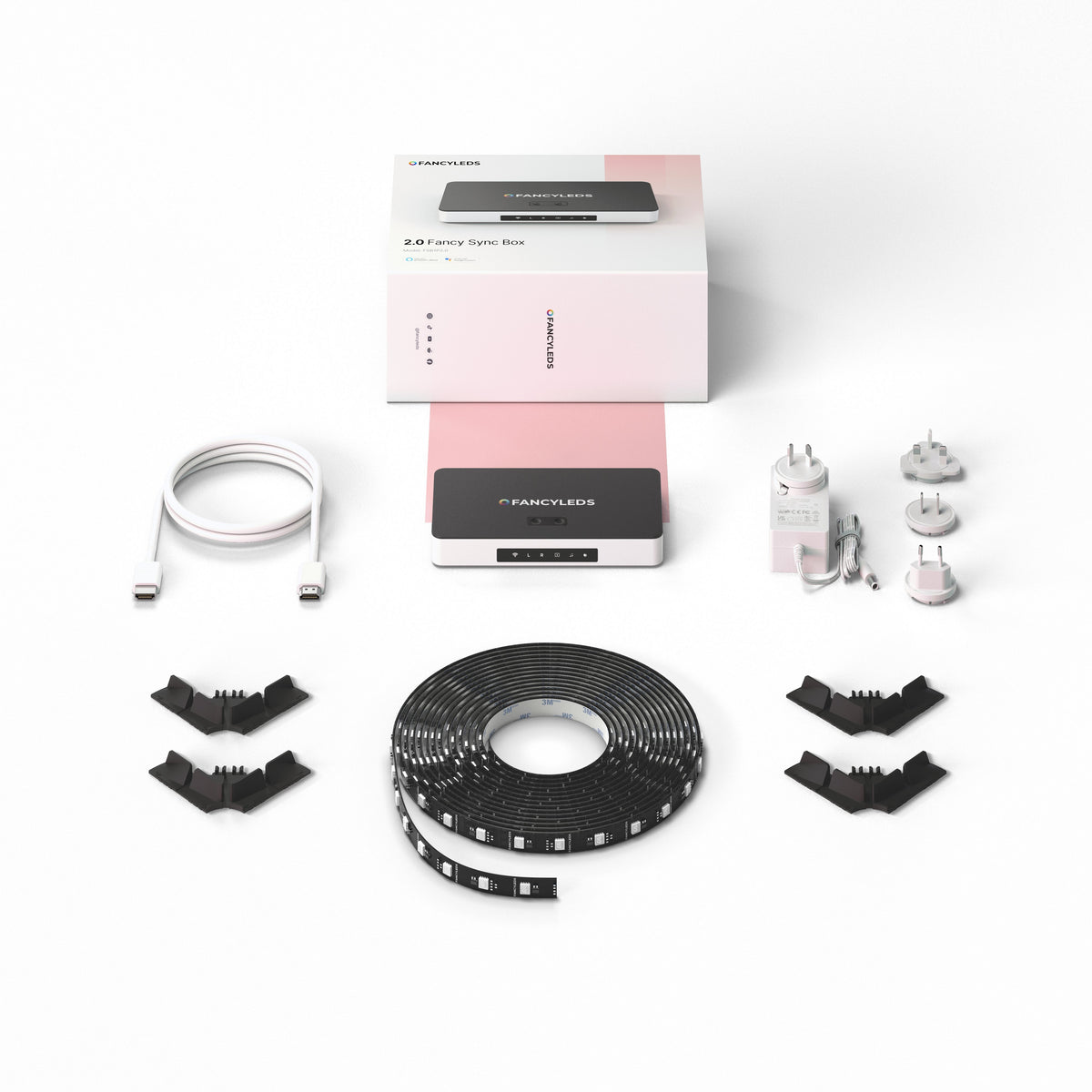 Everything included in the 2.0 Fancy Sync Box kit: sync box, RGB LED strip, HDMI cable, corner brackets and universal power adaptor