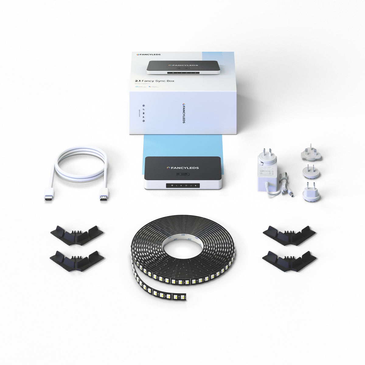 Everything included in the 2.1 Fancy Sync Box kit: sync box, RGBW LED strip, HDMI cable, corner brackets and universal power adaptor