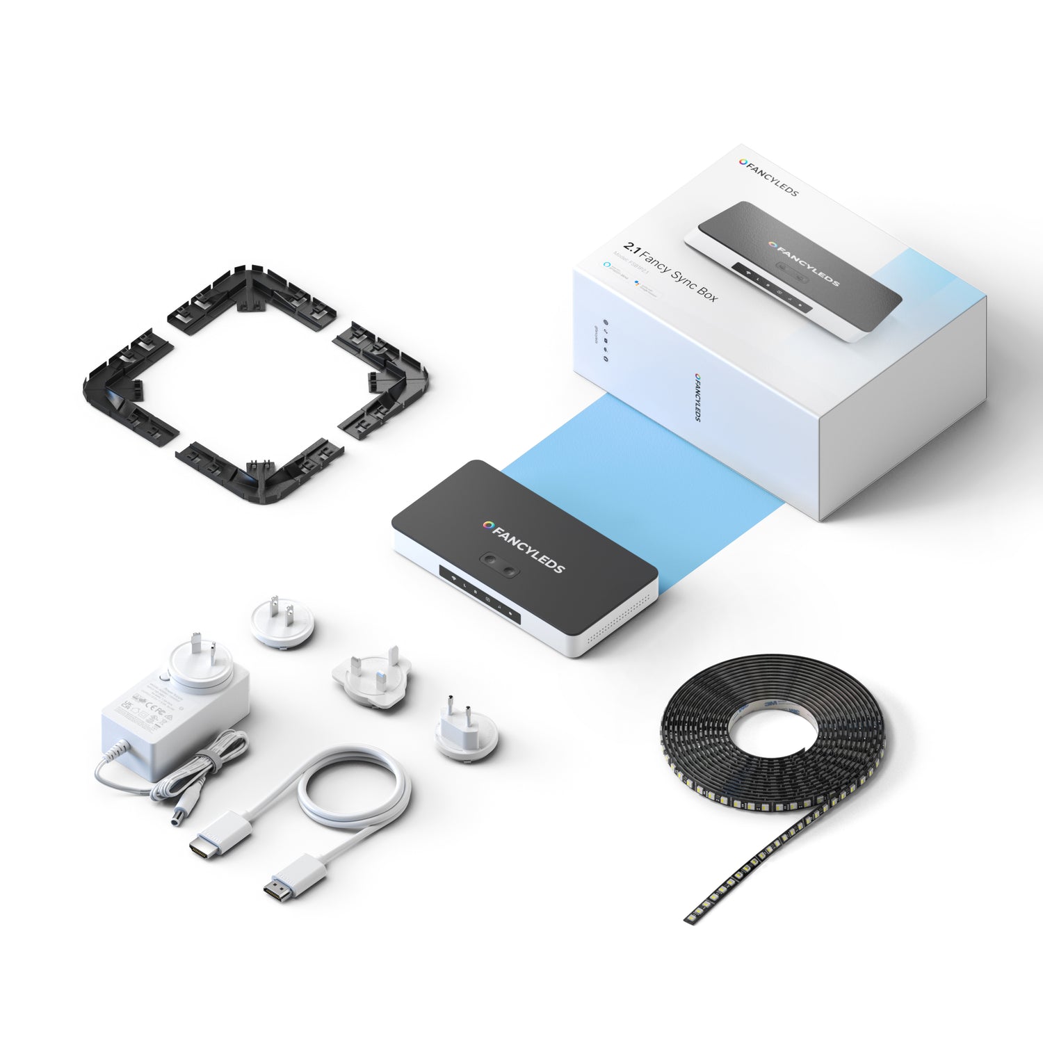 Everything included in the 2.1 Fancy Sync Box kit: sync box, RGBW LED strip, HDMI cable, corner brackets and universal power adaptor