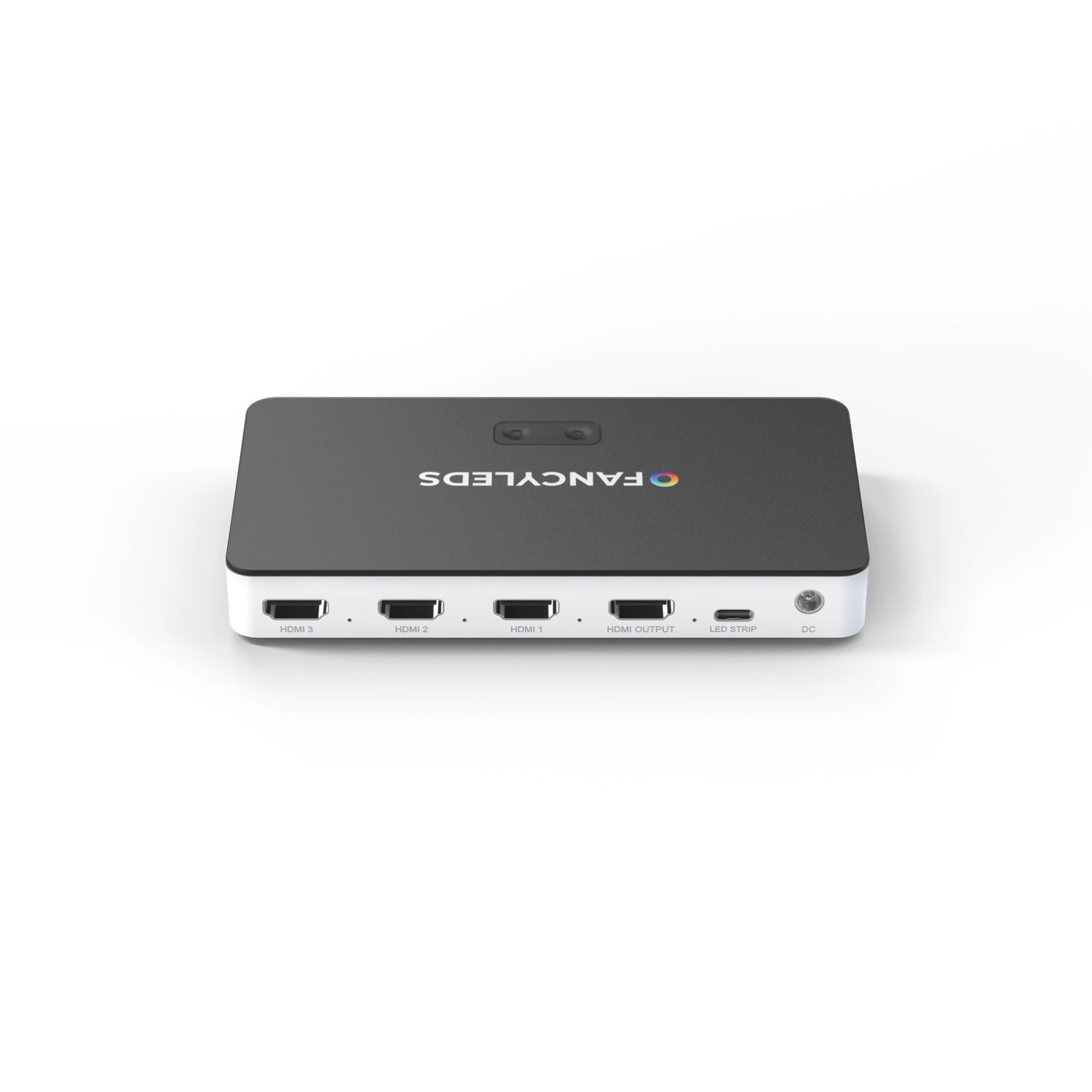 Rear ports of the 3 Port 2.1 Fancy Sync Box: three HDMI 2.1 inputs, HDMI output to TV and power