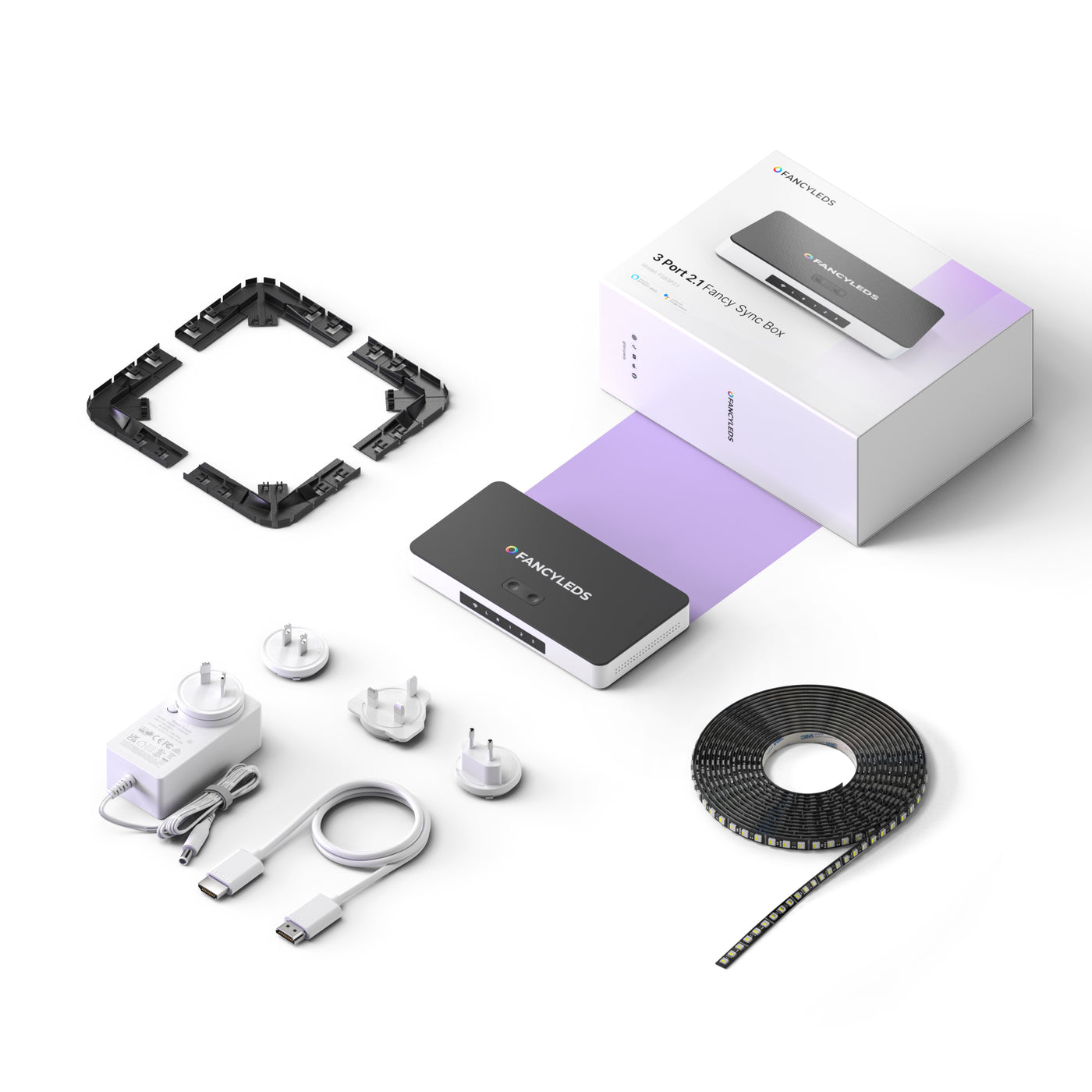 Everything included in the 3 Port 2.1 Fancy Sync Box kit: sync box, RGBW LED strip, HDMI cable, corner brackets and universal power adaptor