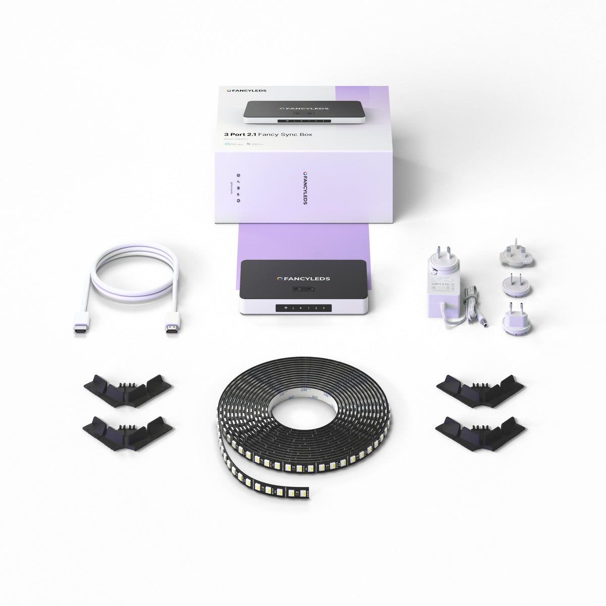 Everything included in the 3 Port 2.1 Fancy Sync Box kit: sync box, RGBW LED strip, HDMI cable, corner brackets and universal power adaptor
